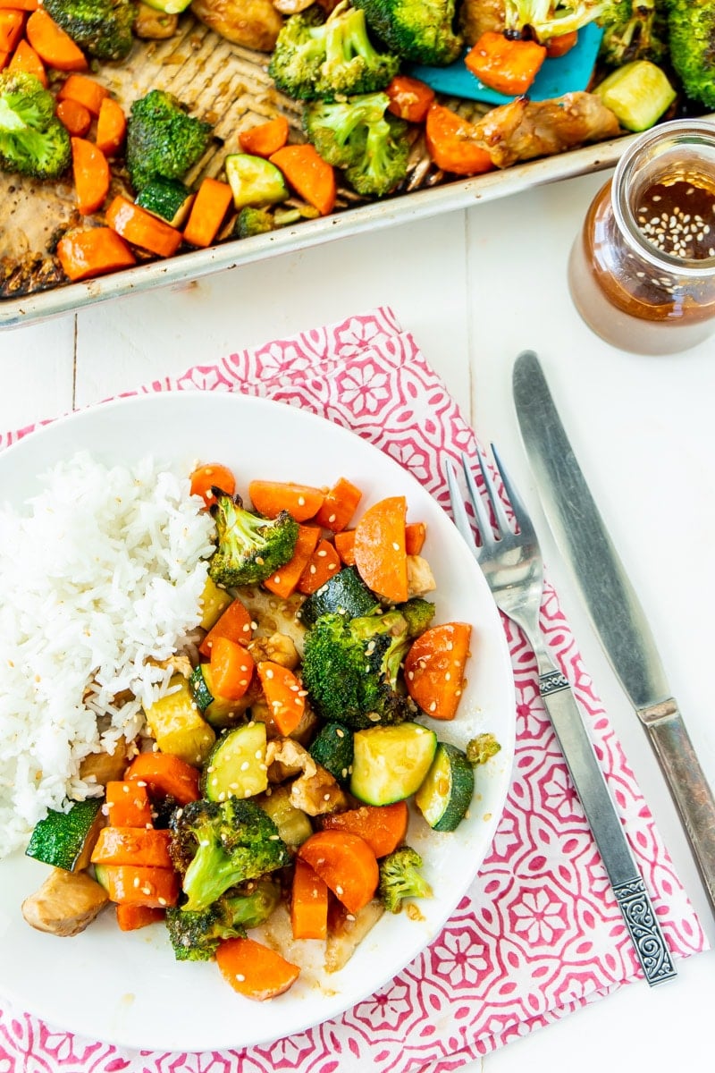 Plate with sheet pan teriyaki chicken and rice