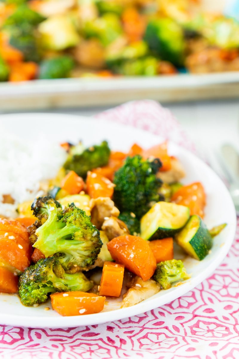 Plate with sheet pan teriyaki chicken and rice