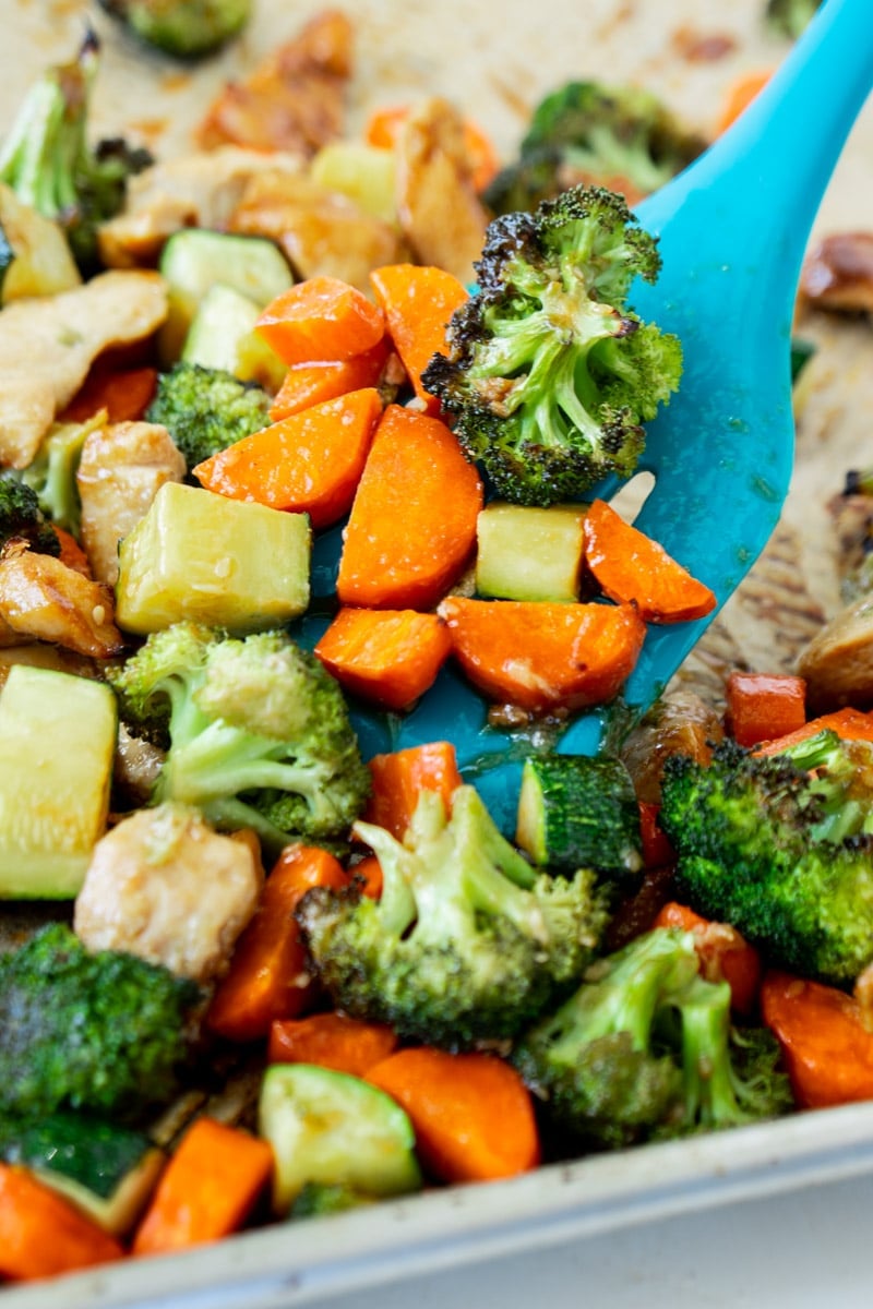 Tray of teriyaki chicken on a sheet pan