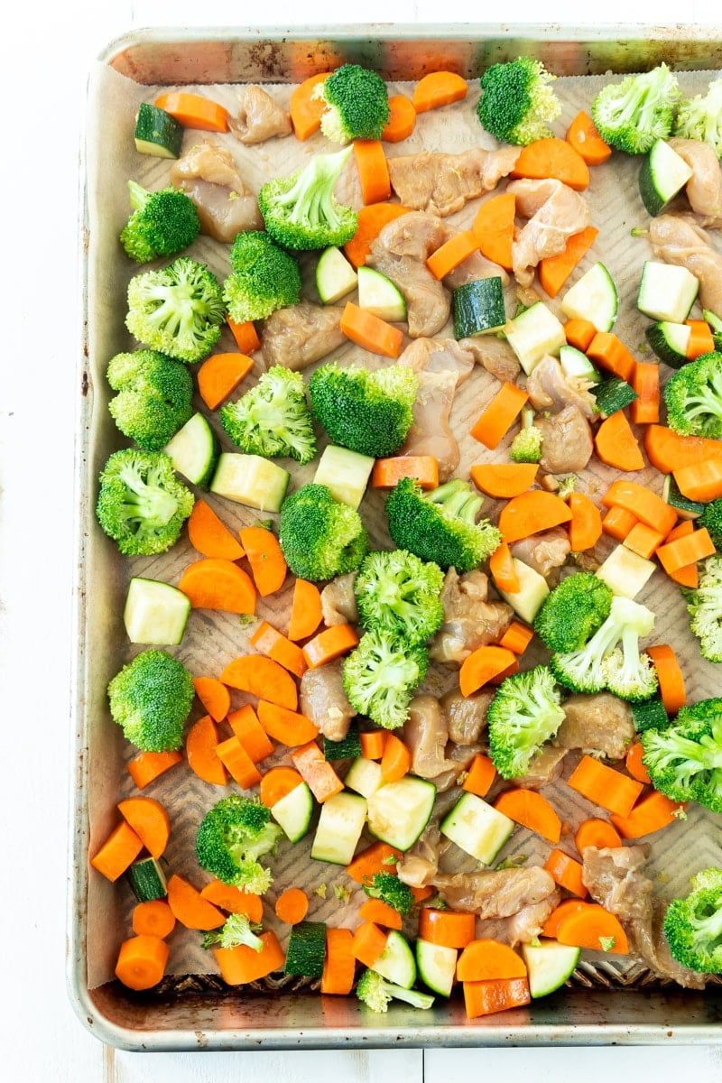 Sheet pan teriyaki chicken ready to be baked