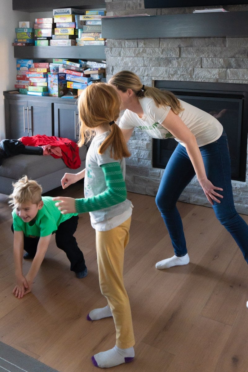 Family playing St. Patrick's Day charades