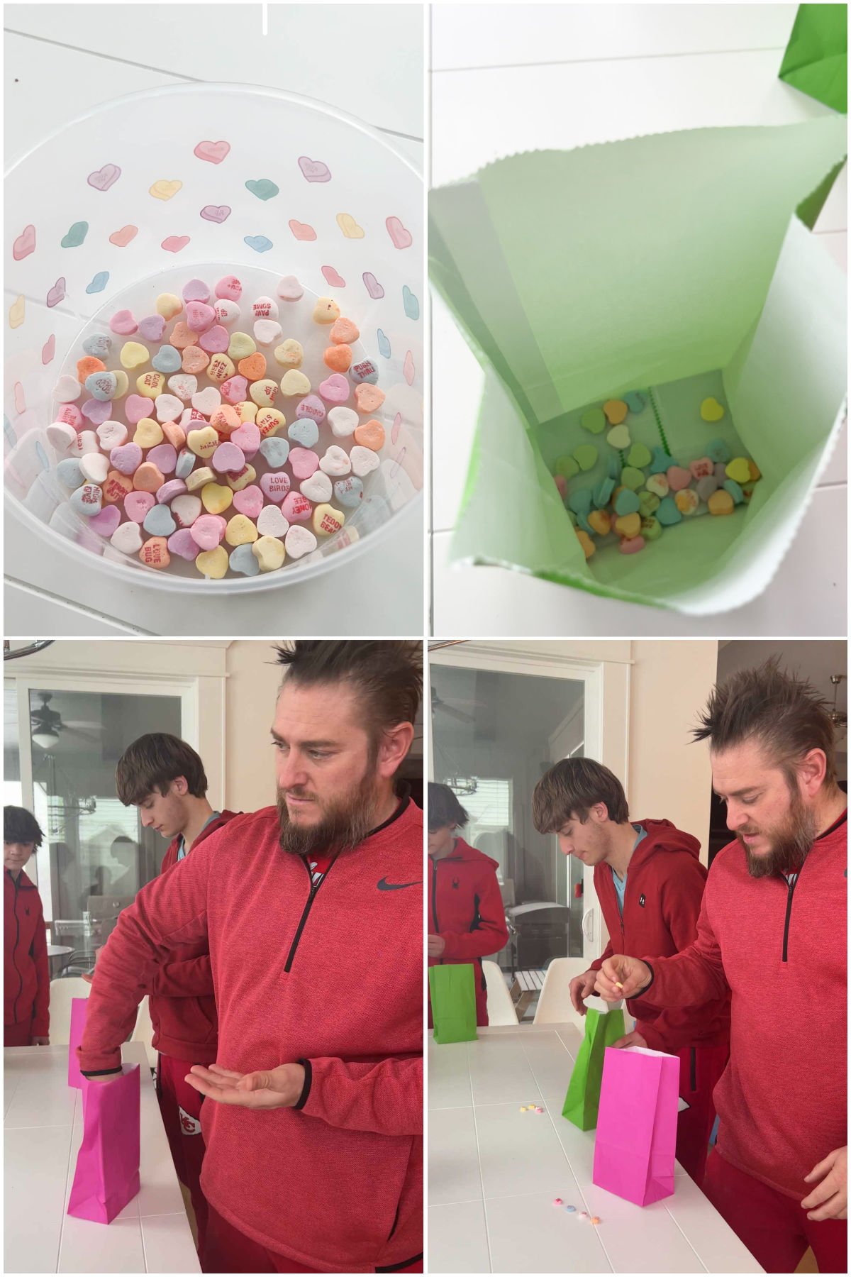 collage of images showing pulling conversation hearts out of a bag