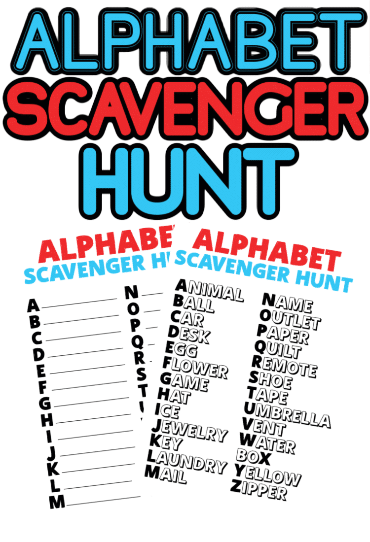 This free printable alphabet scavenger hunt is a great indoor activity for kids! Search for things around the house that start with different letters of the alphabet, write them down (or cross them out), and celebrate when you find every item from A to Z!