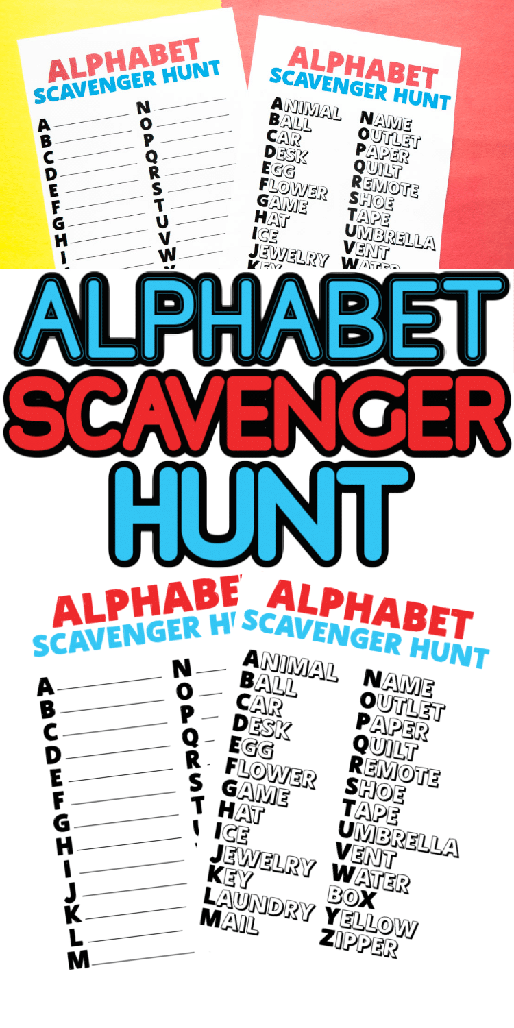 This free printable alphabet scavenger hunt is a great indoor activity for kids! Search for things around the house that start with different letters of the alphabet, write them down (or cross them out), and celebrate when you find every item from A to Z!