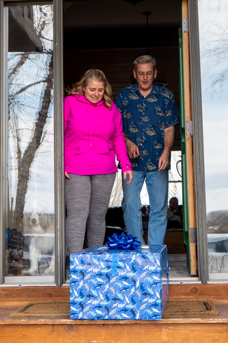 Blue gift box on porch