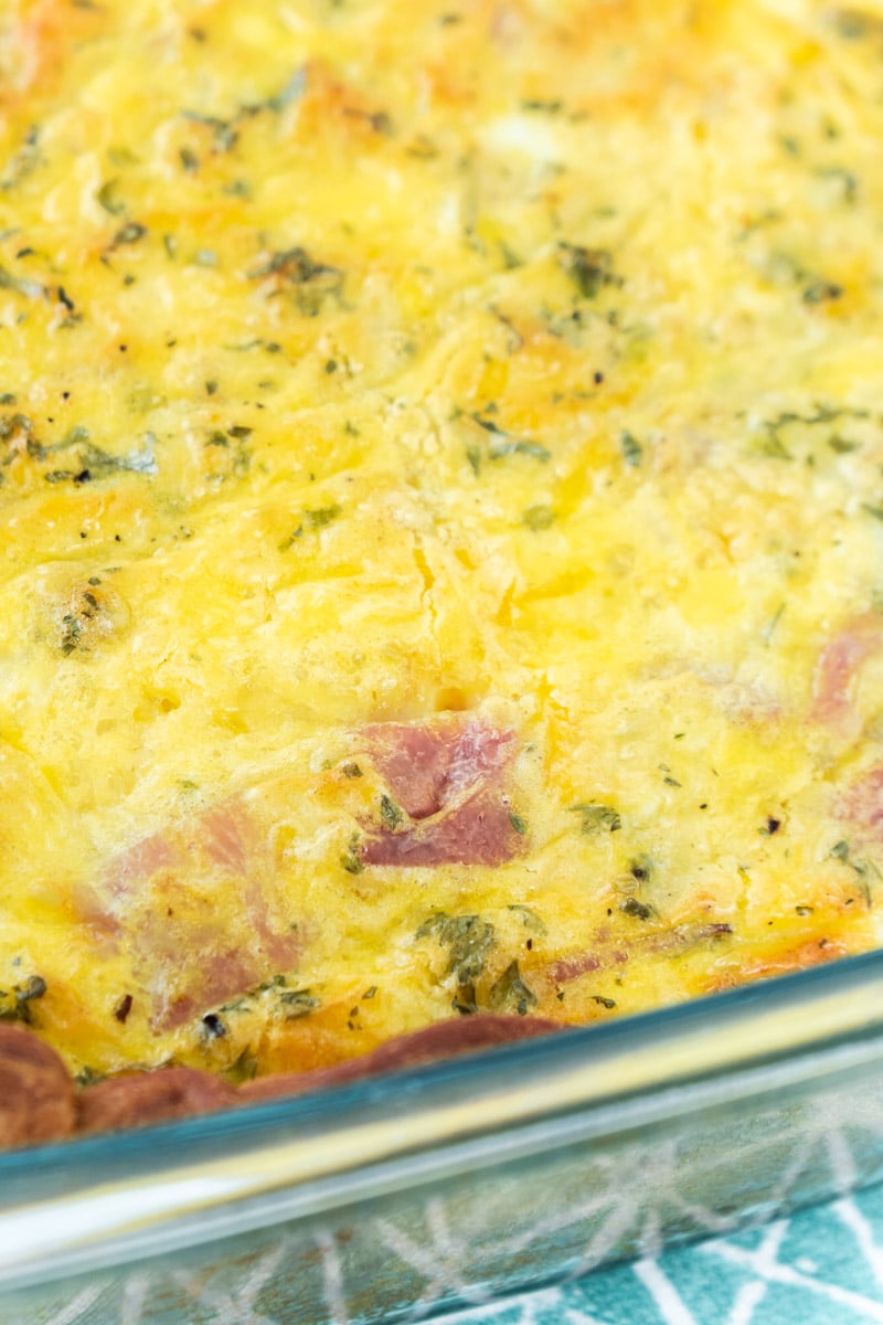 Baked breakfast casserole with ham and cheese