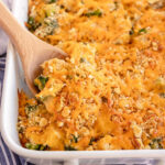 white casserole dish with Chicken Broccoli Casserole with Ritz Crackers