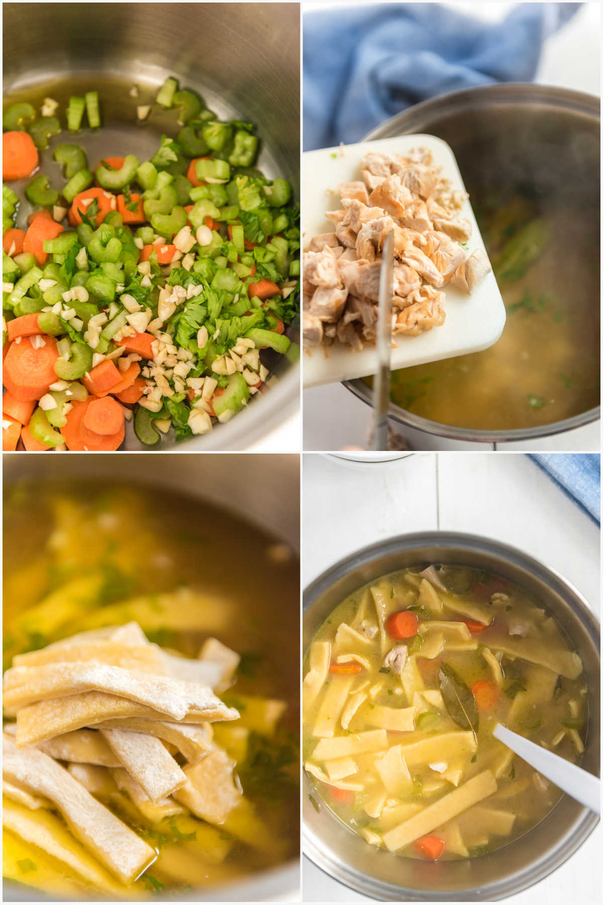 four image collage showing making chicken noodle soup