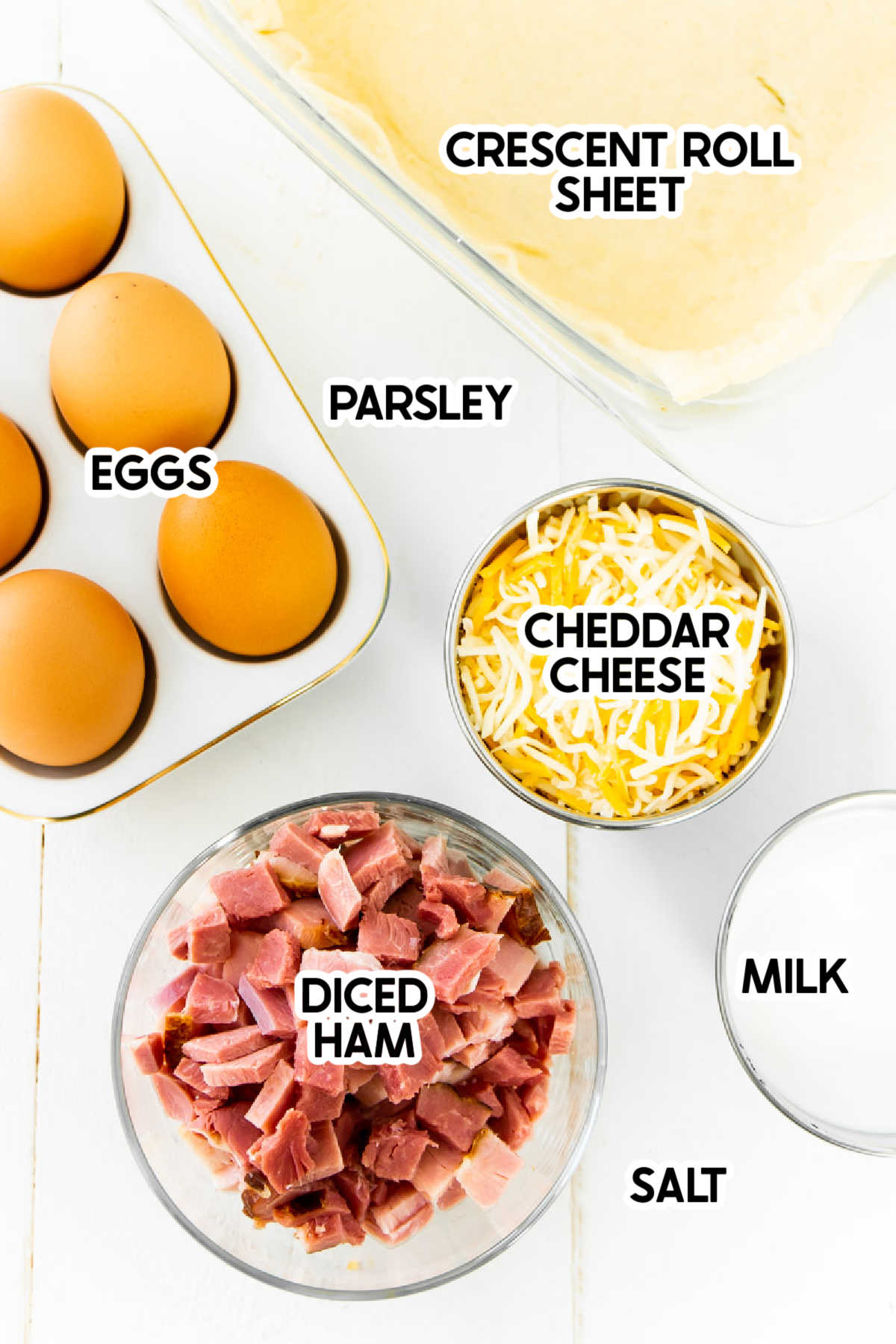 ingredients in a ham breakfast casserole with labels