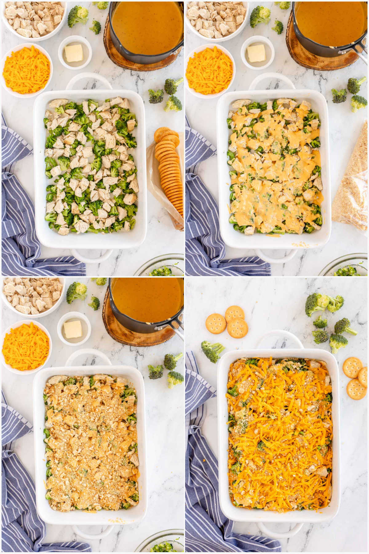four images showing making a broccoli chicken casserole with ritz crackers