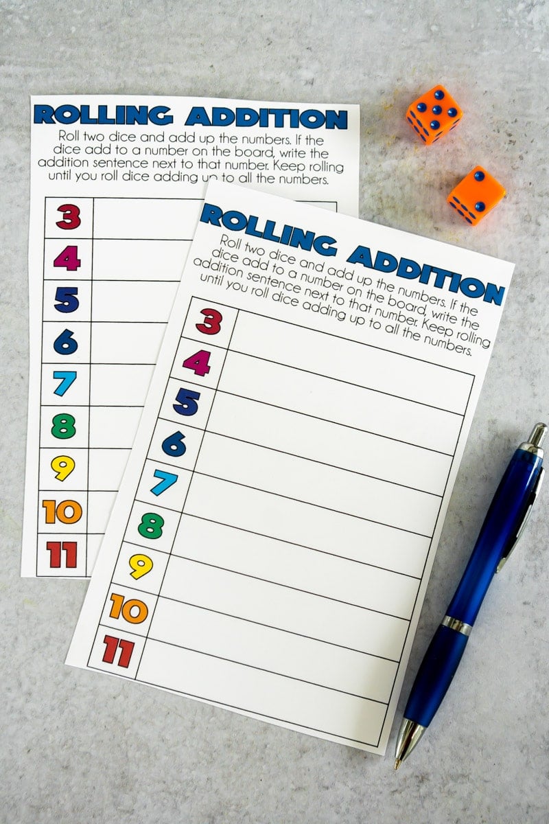 Printable addition math dice games