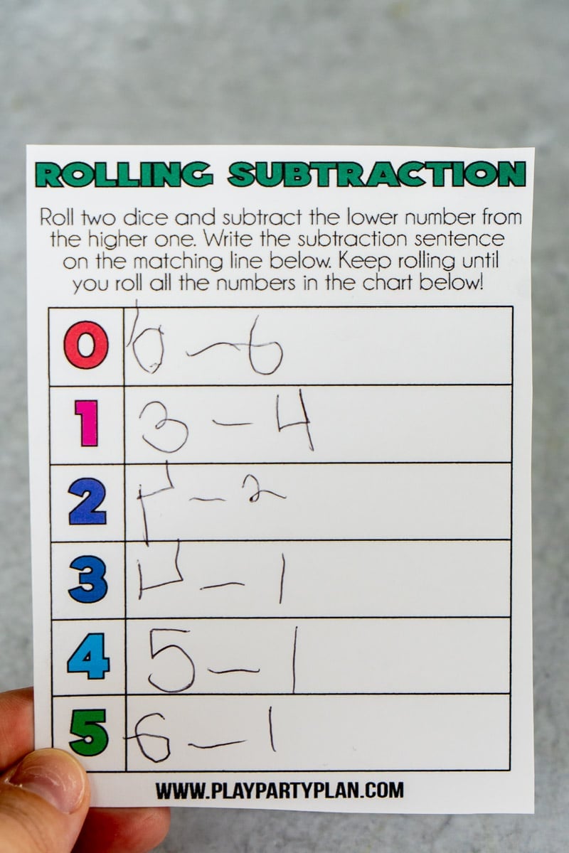 Subtraction math dice games