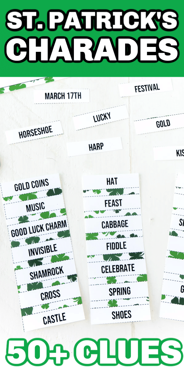 Free printable St. Patrick's Day charades words! Perfect for playing with a classroom of kids, for a family activity, or an adult St. Patrick's Day party! 