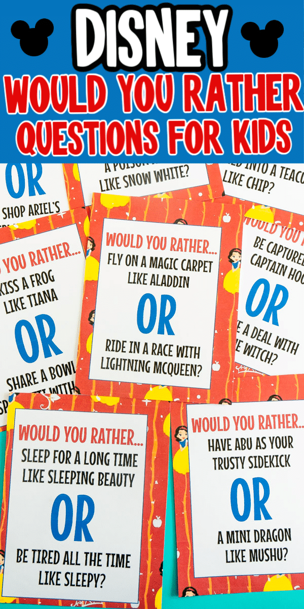 Have you ever played the would you rather game? These Disney would you rather questions for kids will have everyone giggling as you have to choose between kissing a frog and eating spaghetti with a dog? Or what about picking between magic hair and bow and arrow skills? These would you rather questions make a great family activity for any Disney loving family!