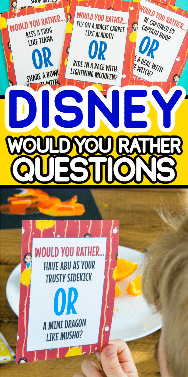 Have you ever played the would you rather game? These Disney would you rather questions for kids will have everyone giggling as you have to choose between kissing a frog and eating spaghetti with a dog? Or what about picking between magic hair and bow and arrow skills? These would you rather questions make a great family activity for any Disney loving family!