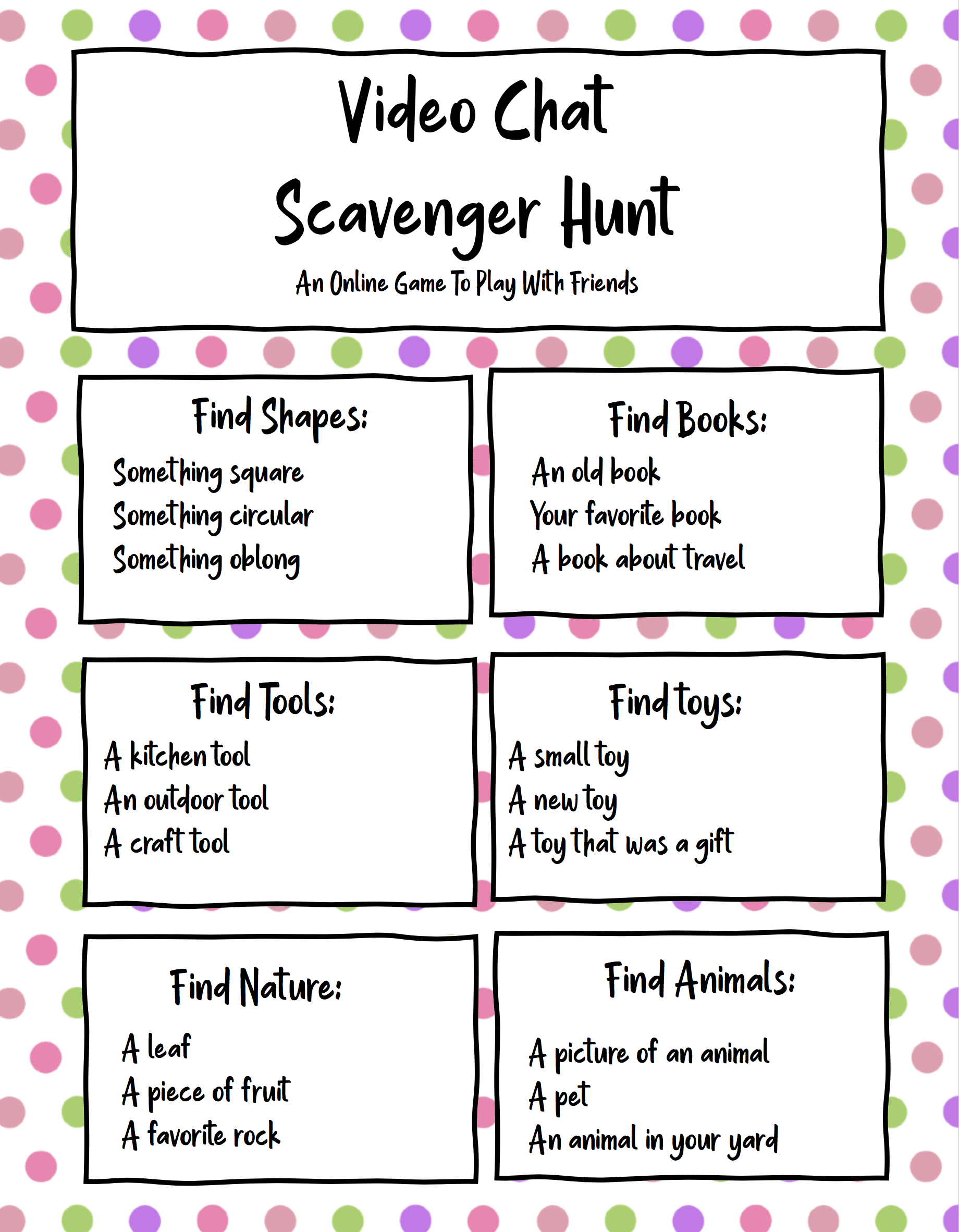 Printable video scavenger hunt cards