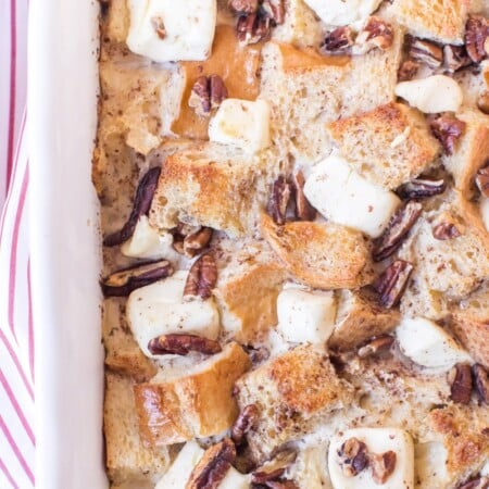 Close up of french toast casserole toppings