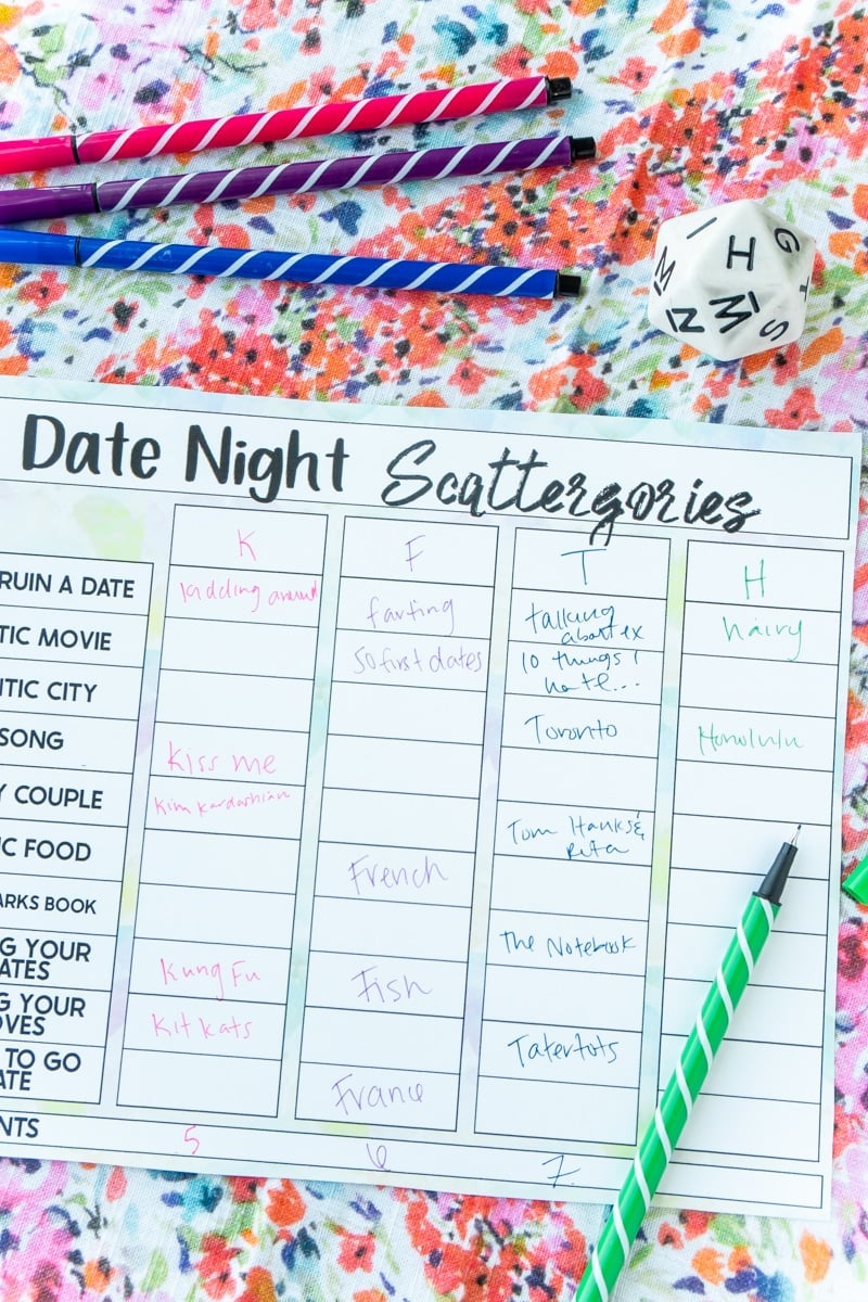 Date night Scattergories printable game