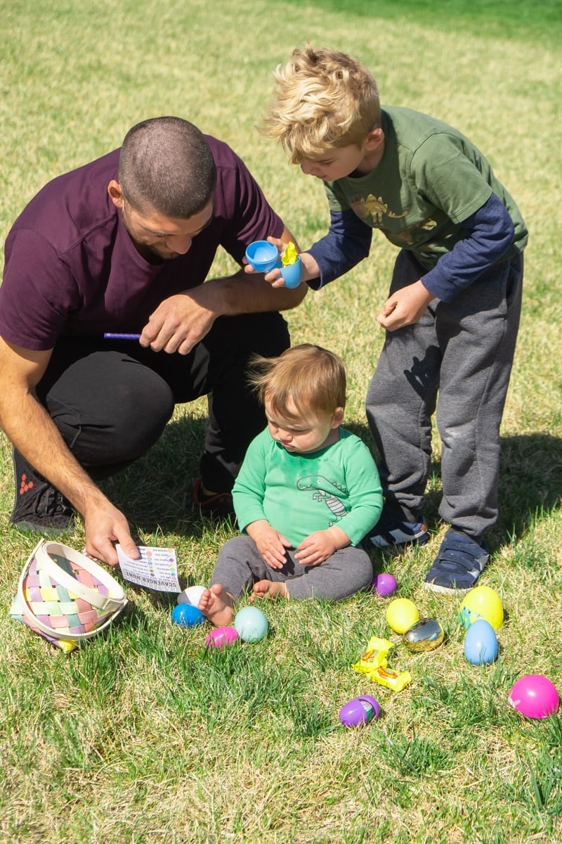 Family doing an Easter egg scavenger hunt