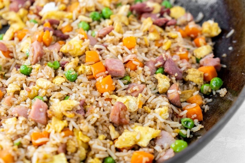 Pan full of homemade ham fried rice