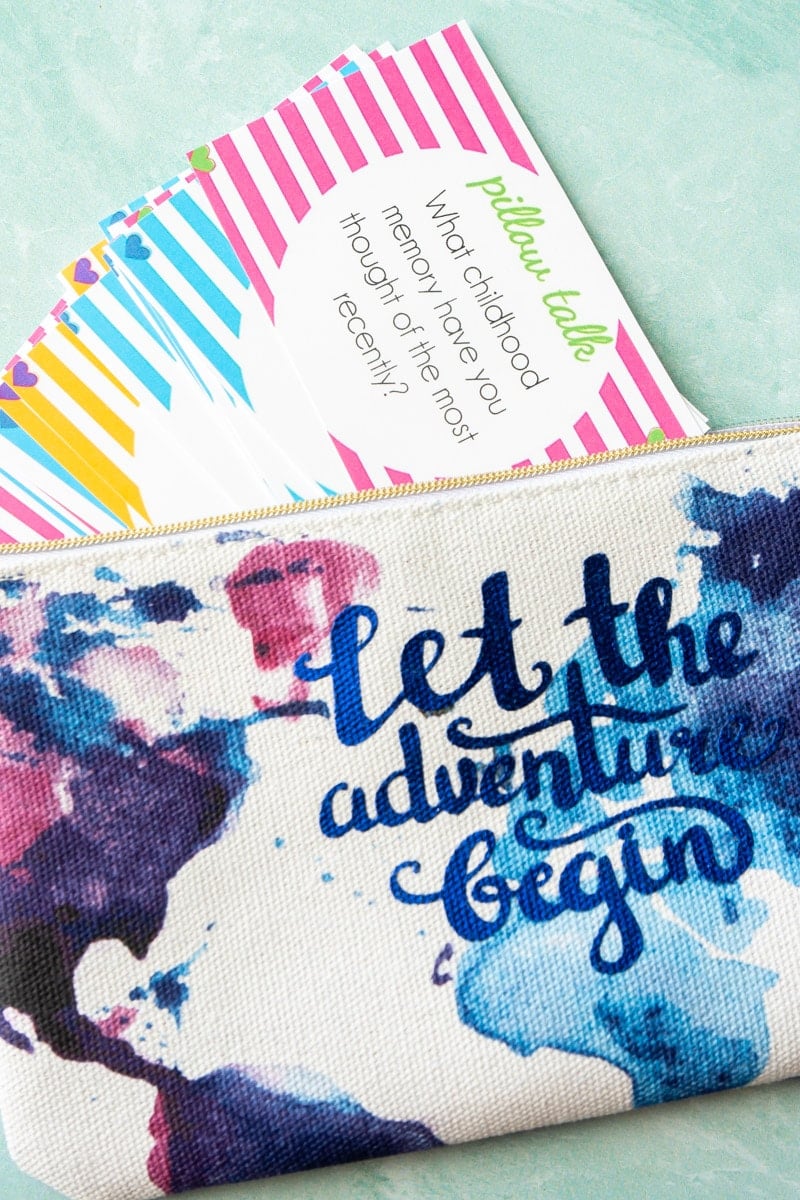 Pillow talk questions in a zipper pouch