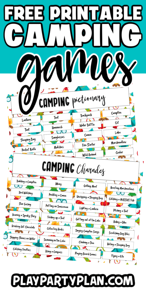 Play camping charades or pictionary to add an element of fun to a campout or camp themed party! Use the free printable camp charade themed words to play these fun games with the entire family! 