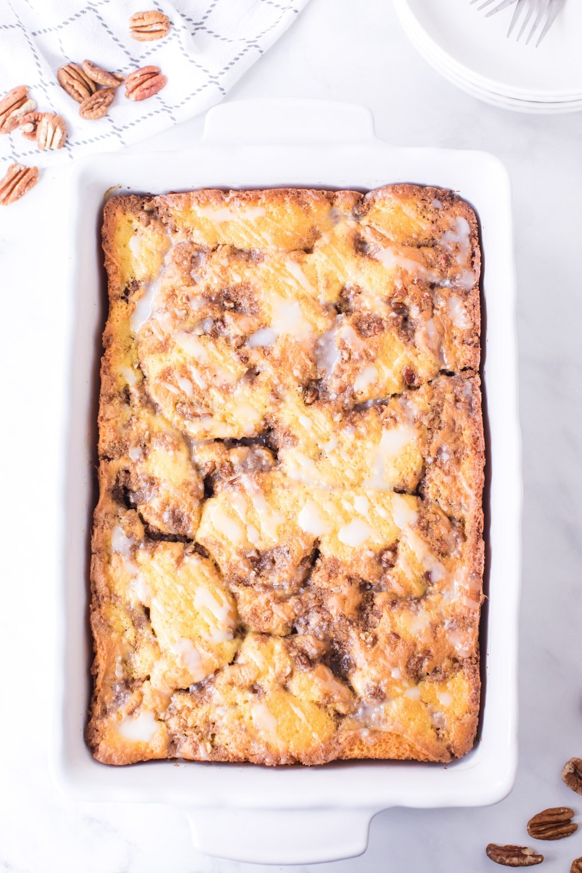 Cinnamon streusel coffee cake cooling in pan