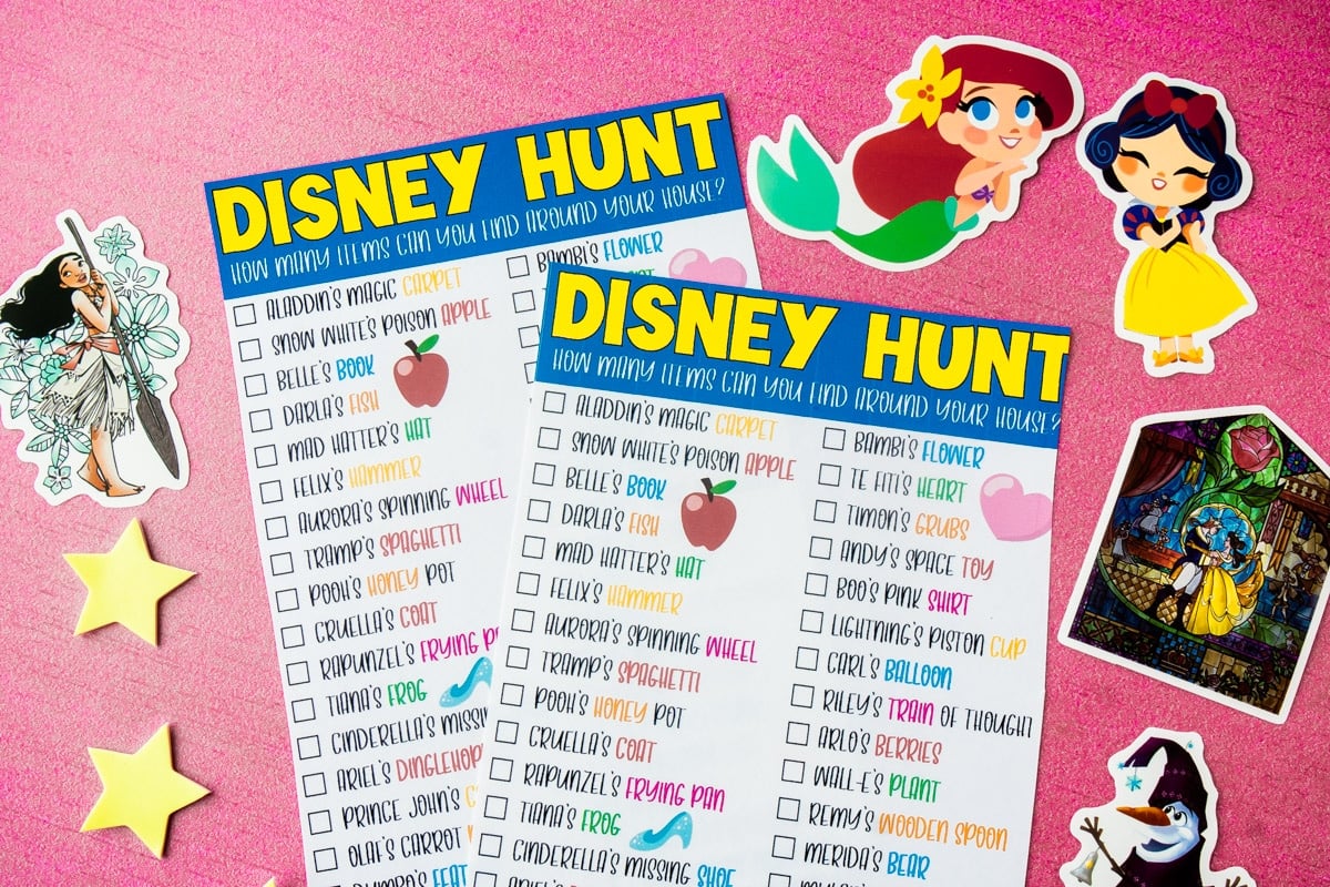 Two copies of a Disney scavenger hunt with stickers