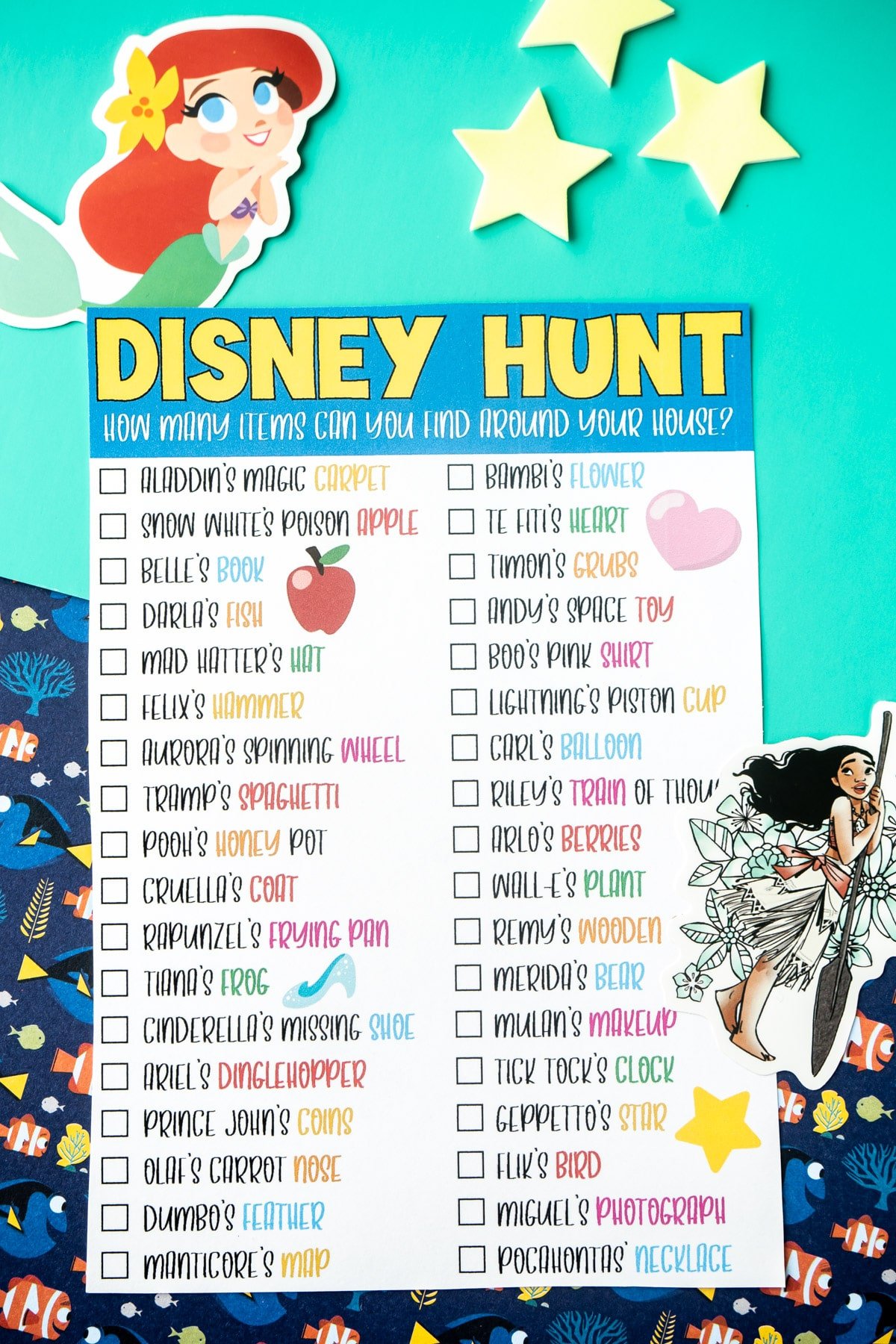 Disney scavenger hunt with Ariel and Moana stickers