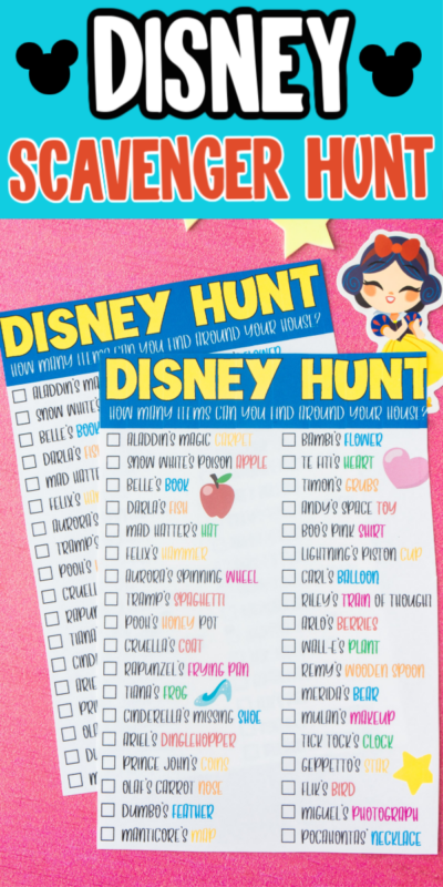 Two Disney scavenger hunt sheets with text for Pinterest