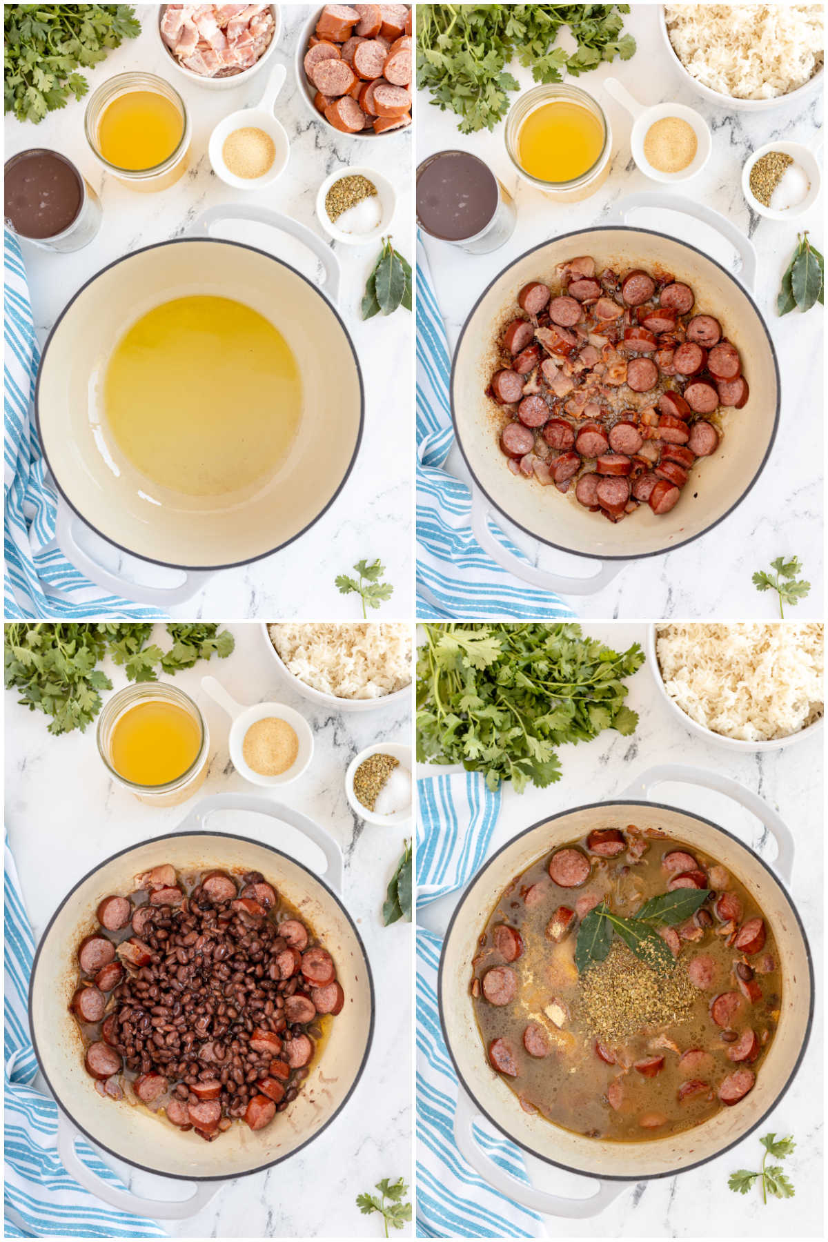 four images showing a collage of making Brazilian feijoada 