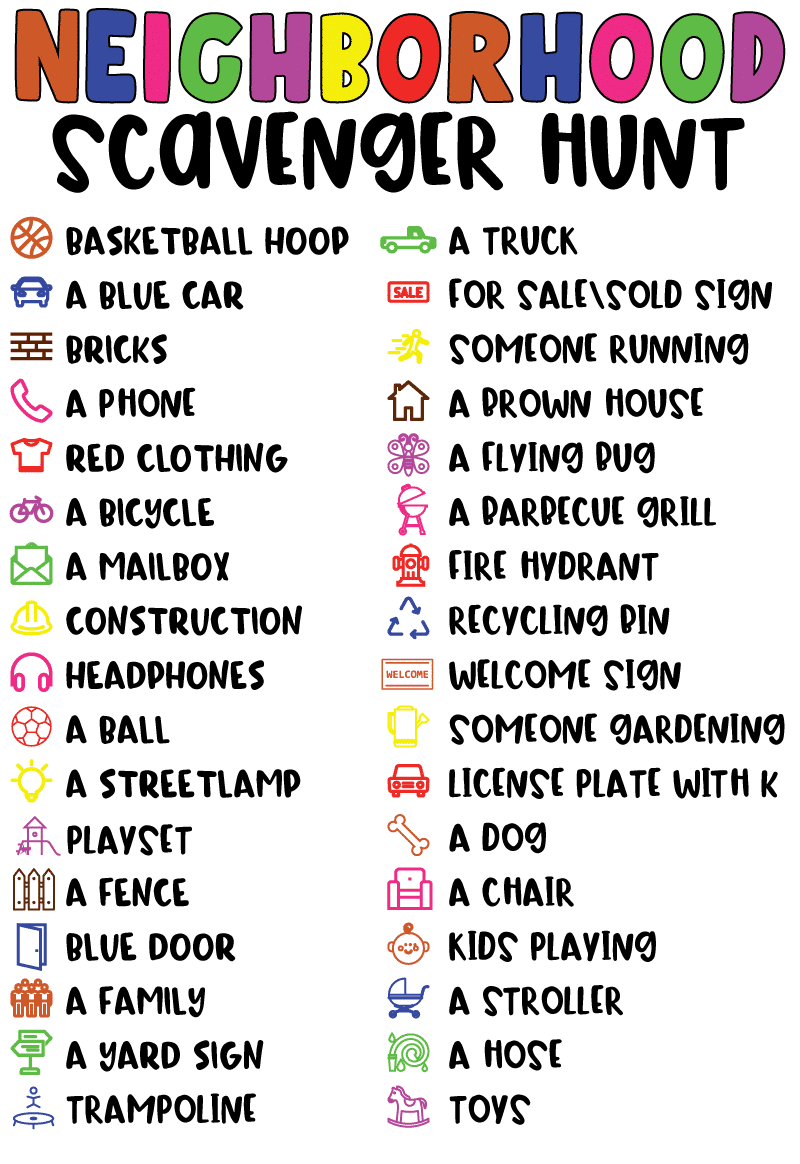 Neighborhood scavenger hunt list