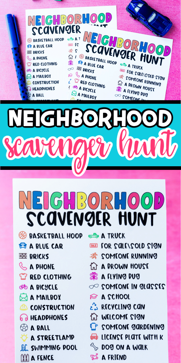 Two pictures of a neighborhood scavenger hunt in a collage for Pinterest