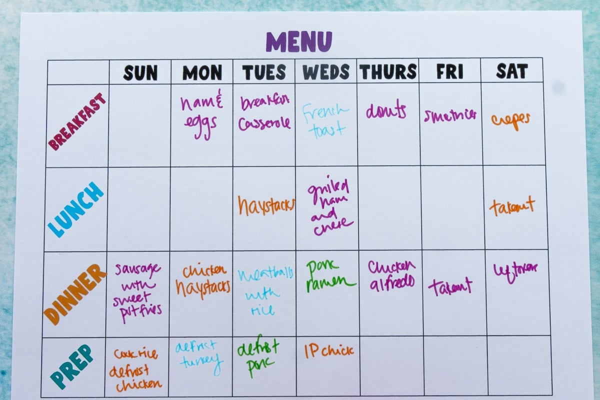 Colorful meal ideas on a printable meal planner