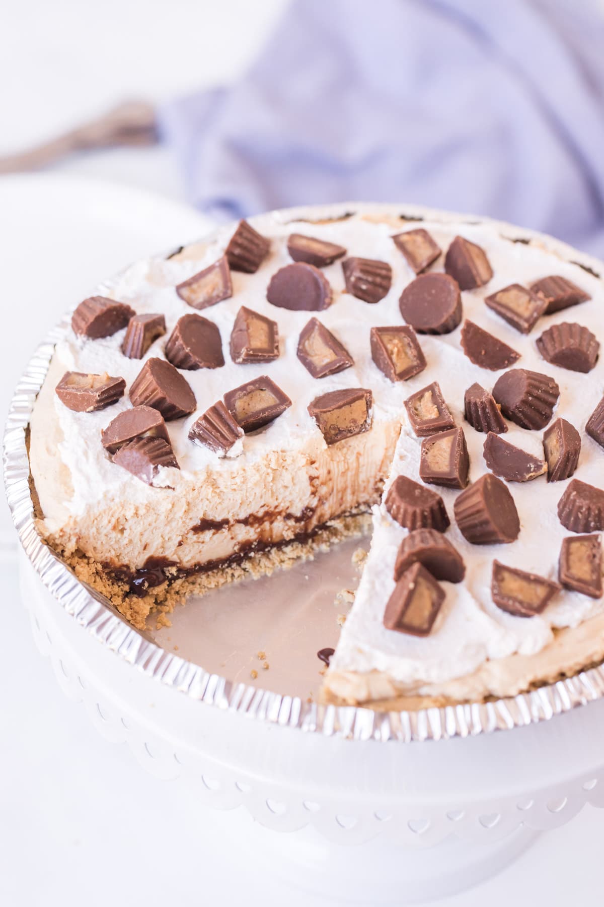 Reese's peanut butter pie with a slice cut out