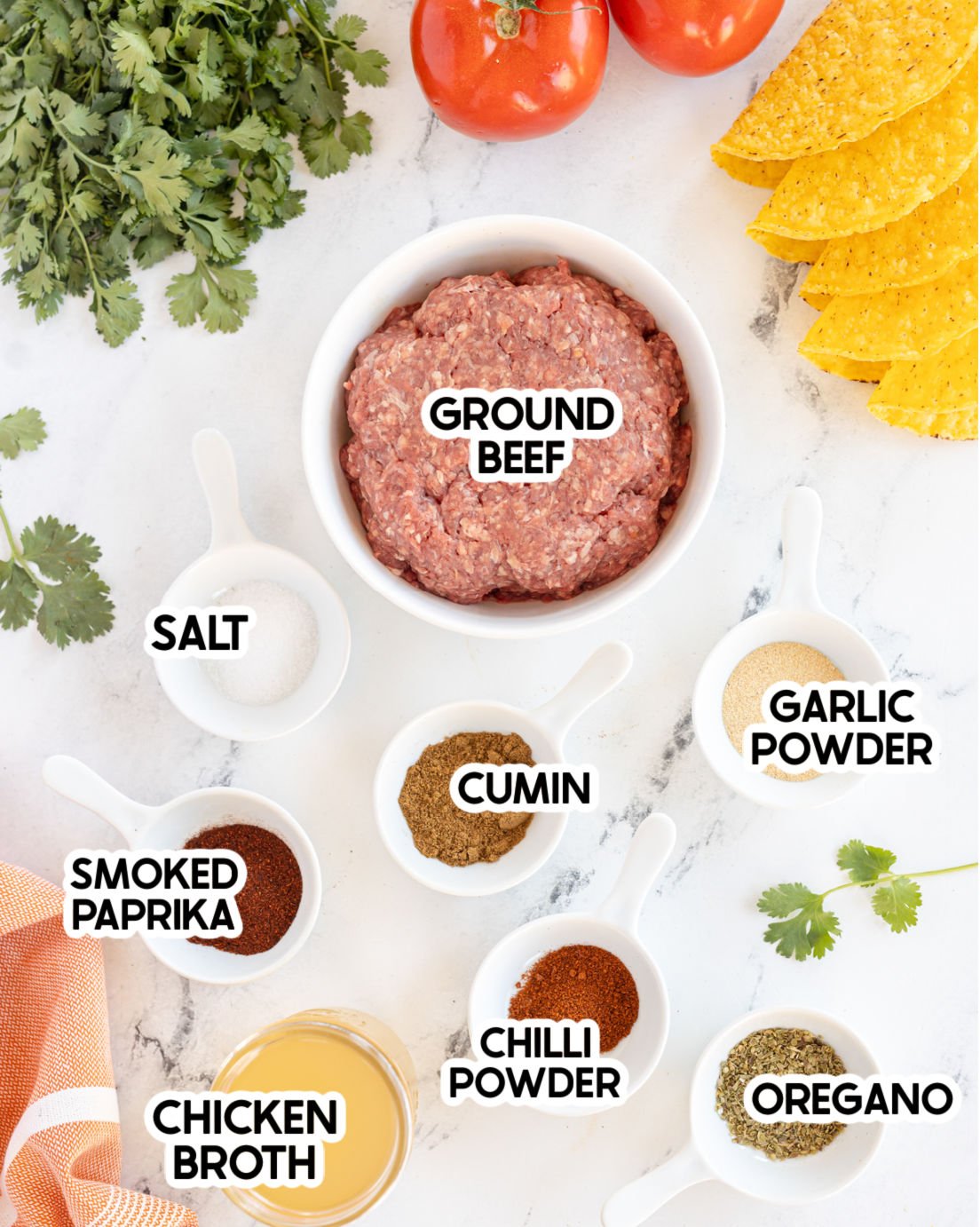 homemade taco meat ingredients with labels