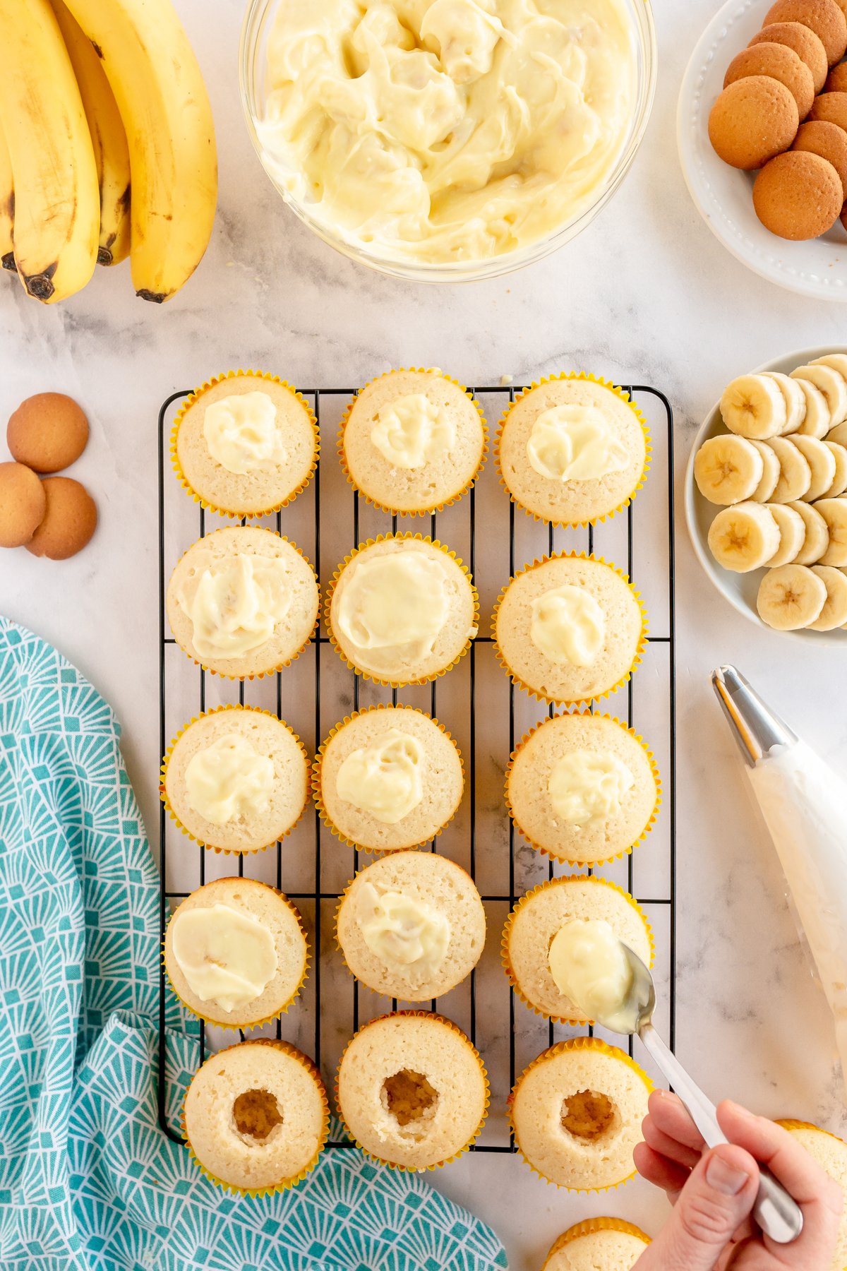 vanilla cupcakes filled with banana pudding filling