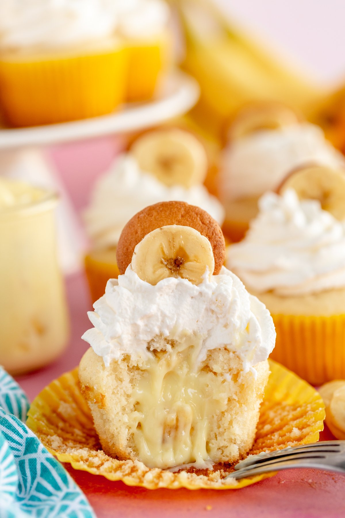 cut open banana pudding cupcake on a plate