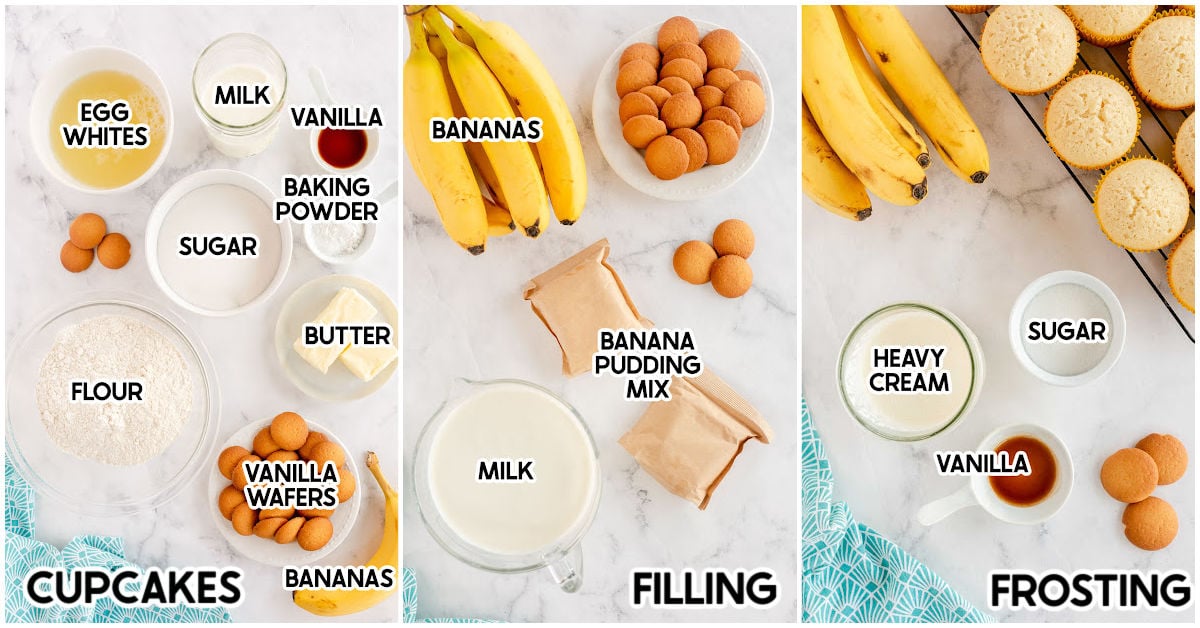 ingredient images to make banana pudding cupcakes with labels