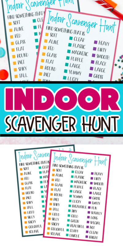 Printed indoor scavenger hunt with text for Pinterest