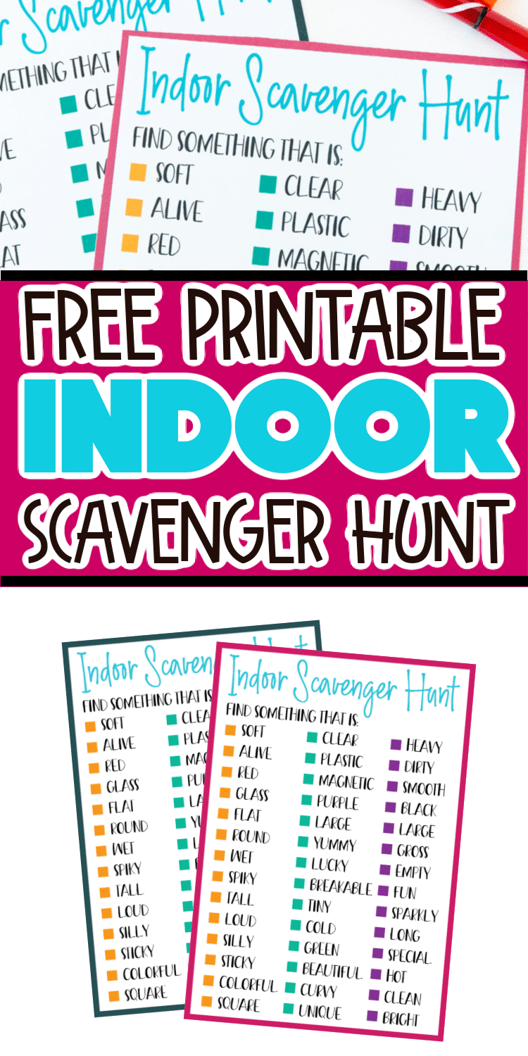 Printed indoor scavenger hunt with text for Pinterest