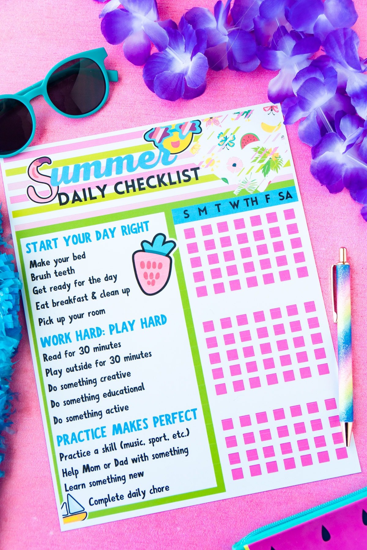 Summer chore chart on a pink background