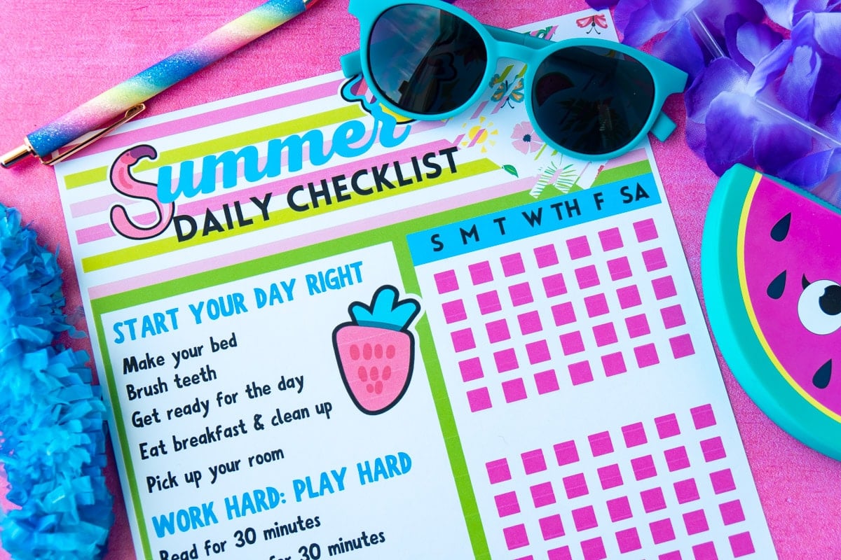 Summer chore chart for kids on a pink background