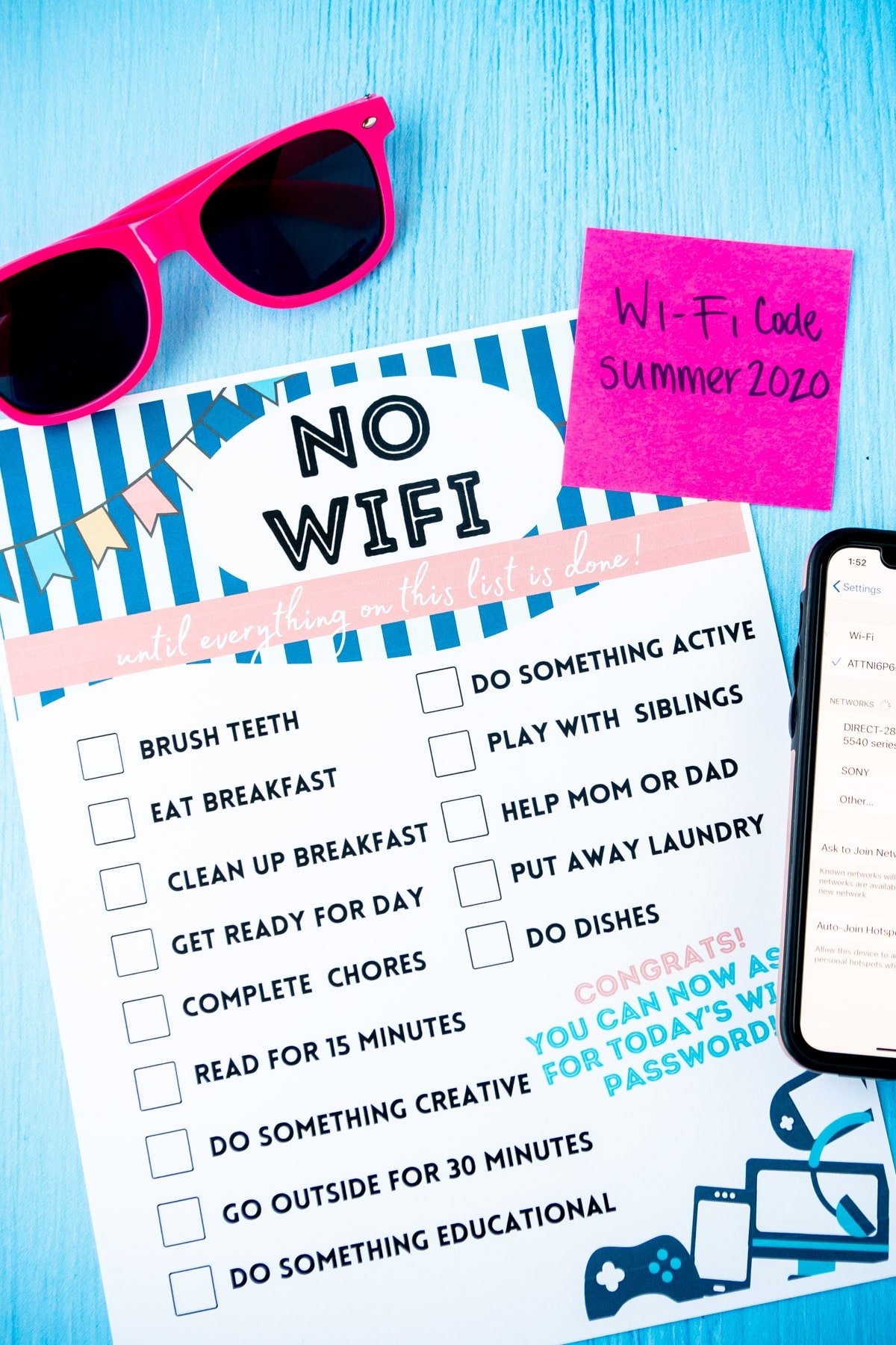 No wifi chore chart on blue background