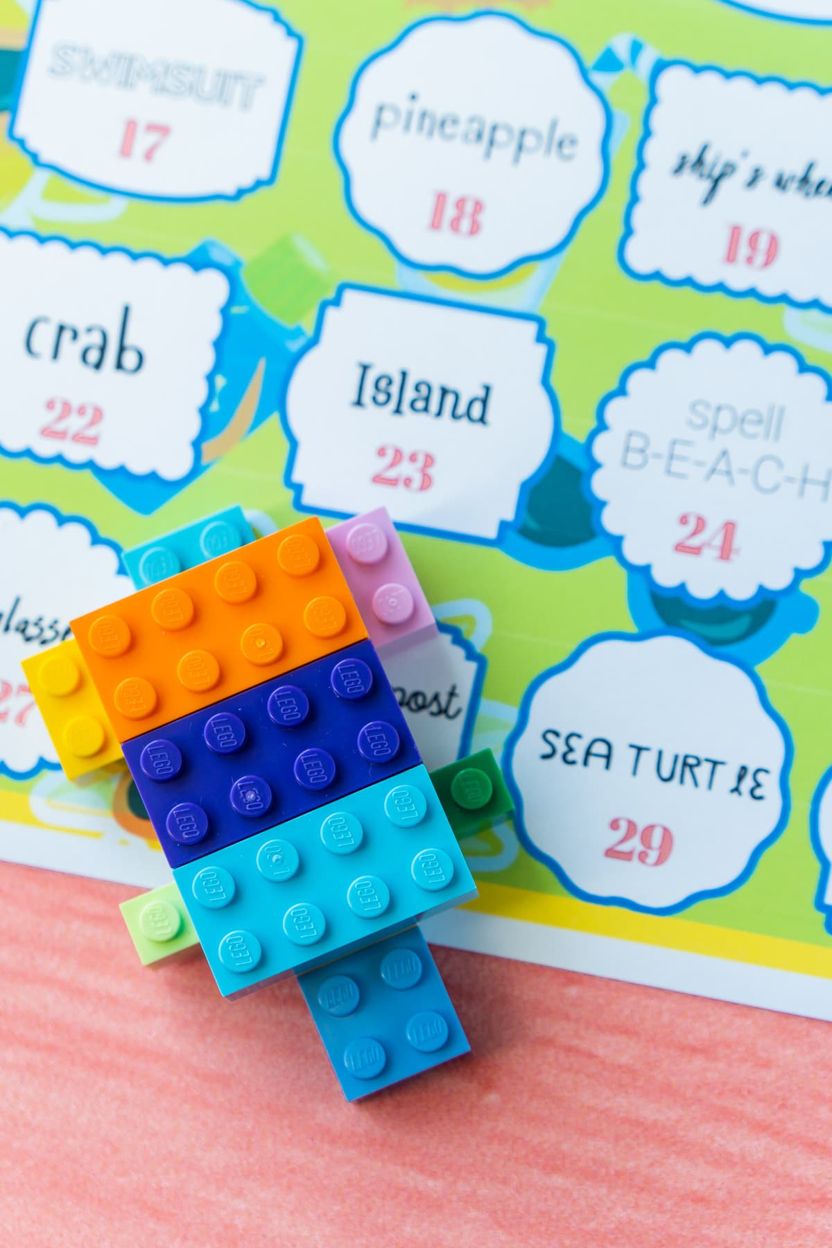 Lego turtle on top of summer Lego challenges printable