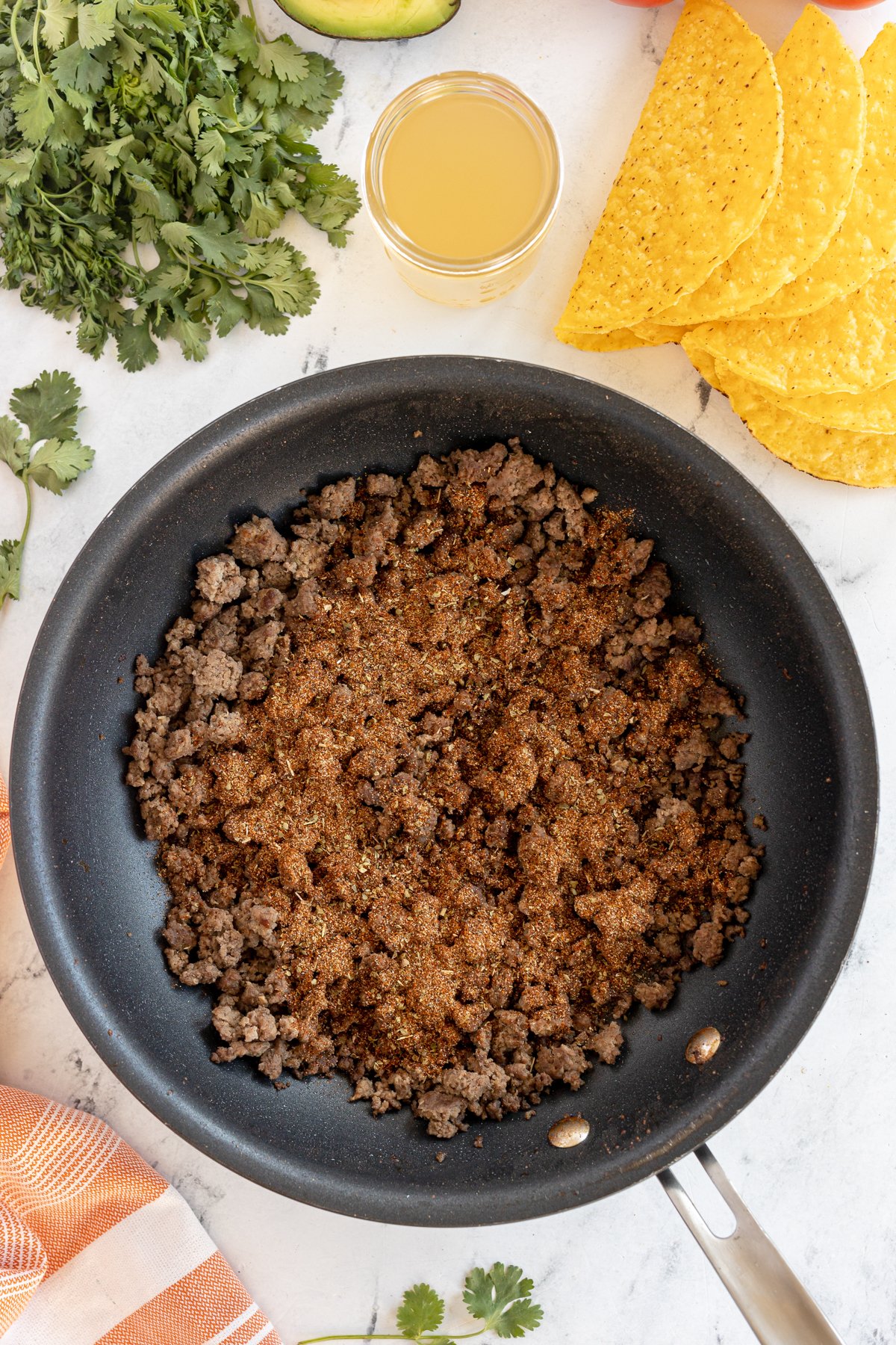 browned ground beef in a large skillet