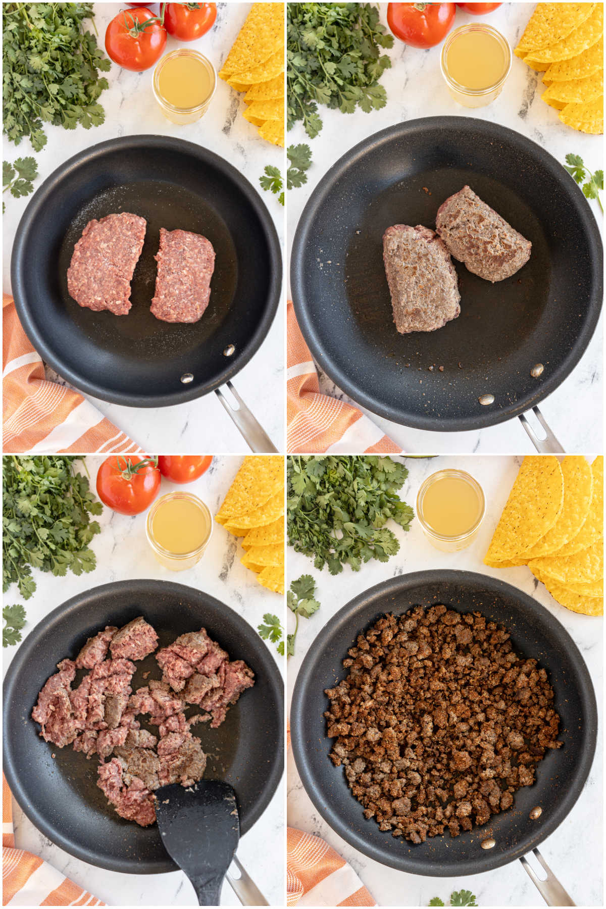 four images showing the process of browning ground beef