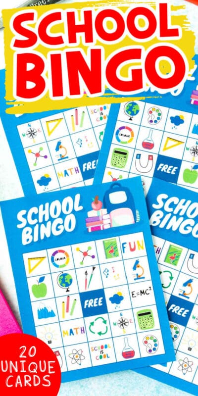 Pile of blue school bingo cards with text for Pinterest