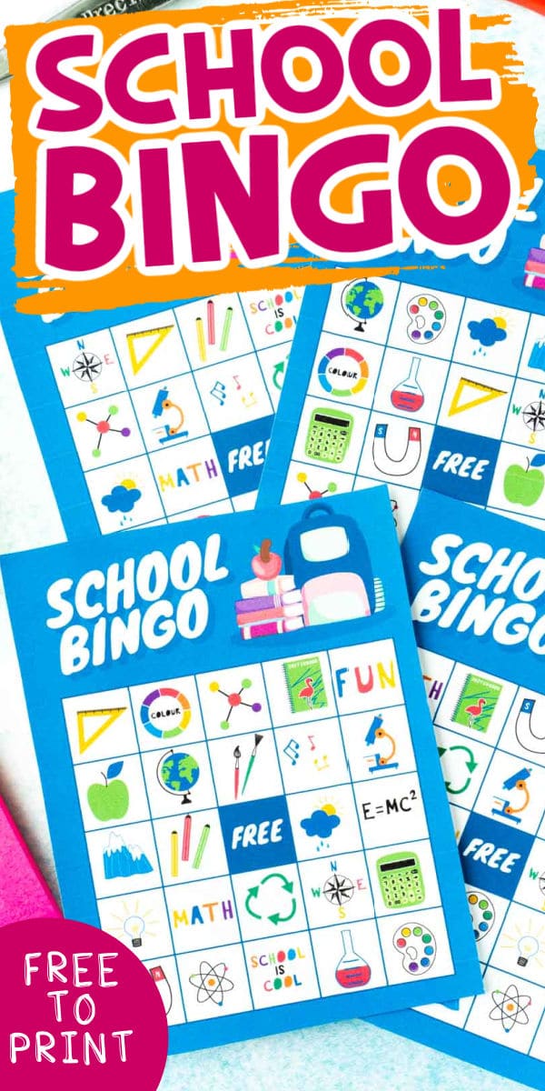 Pile of blue school bingo cards with text for Pinterest