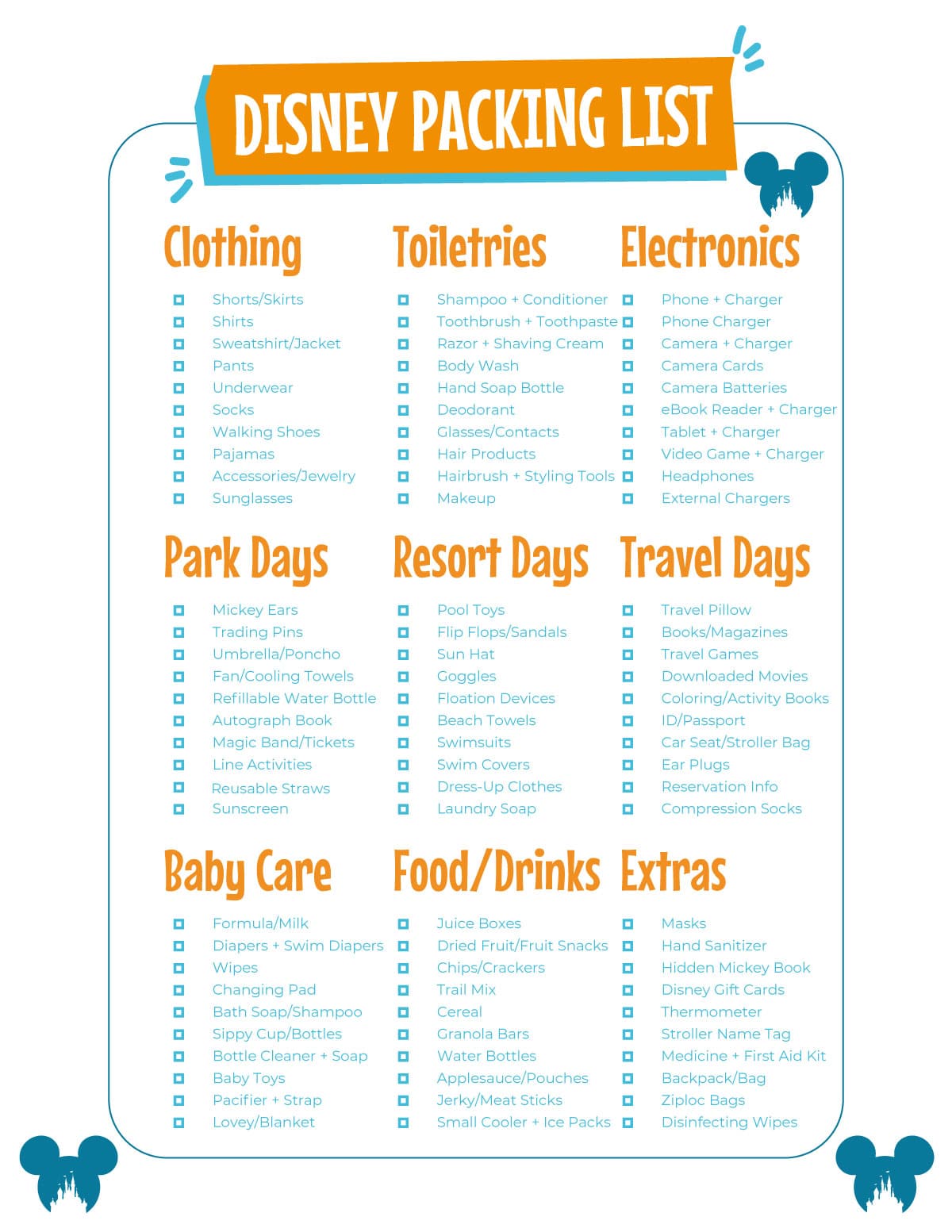 Disney packing list with a white background